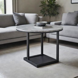 A small, sleek, black stainless steel table with a striking grey marble top, situated in an elegantly designed living room.