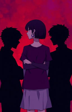 A girl standing in the center with two boys staring intensely at each other behind her, their arms crossed