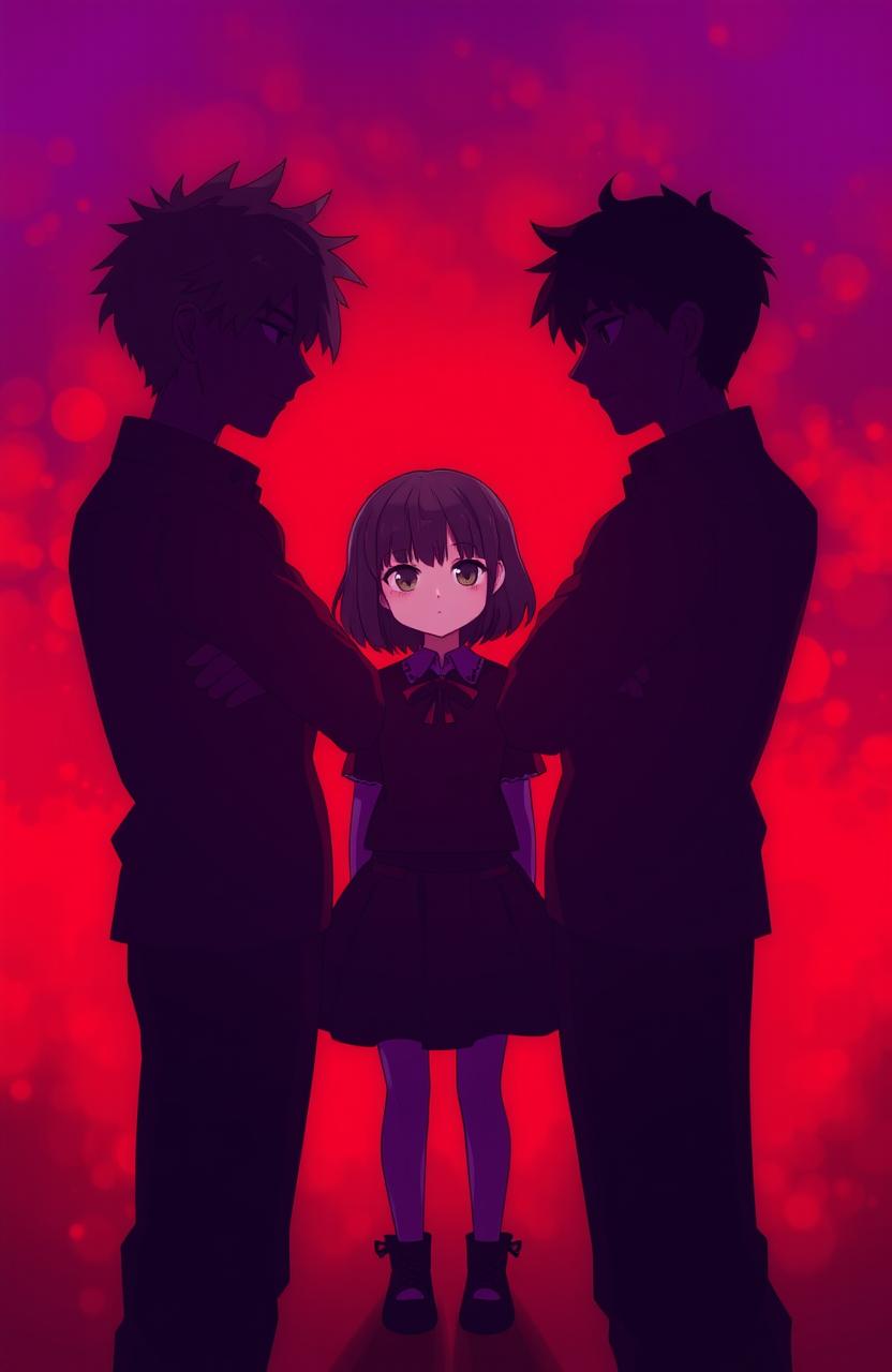 A girl standing in the center with two boys staring intensely at each other behind her, their arms crossed