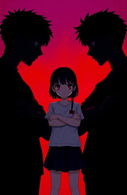 A girl standing in the center with two boys staring intensely at each other behind her, their arms crossed