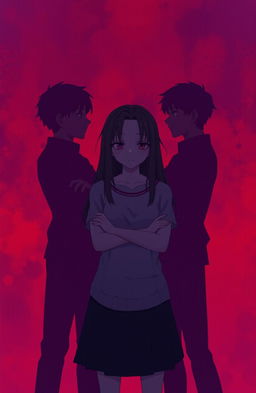 A girl standing in the center with two boys staring intensely at each other behind her, their arms crossed