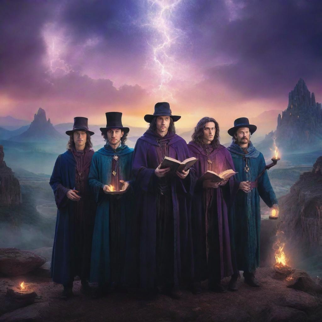 An enchanting book cover for a fantasy novel titled 'Five Mages'. The image features five different magicians, each emanating with their unique magical powers, over a backdrop of a mystical, twilight-hued land.