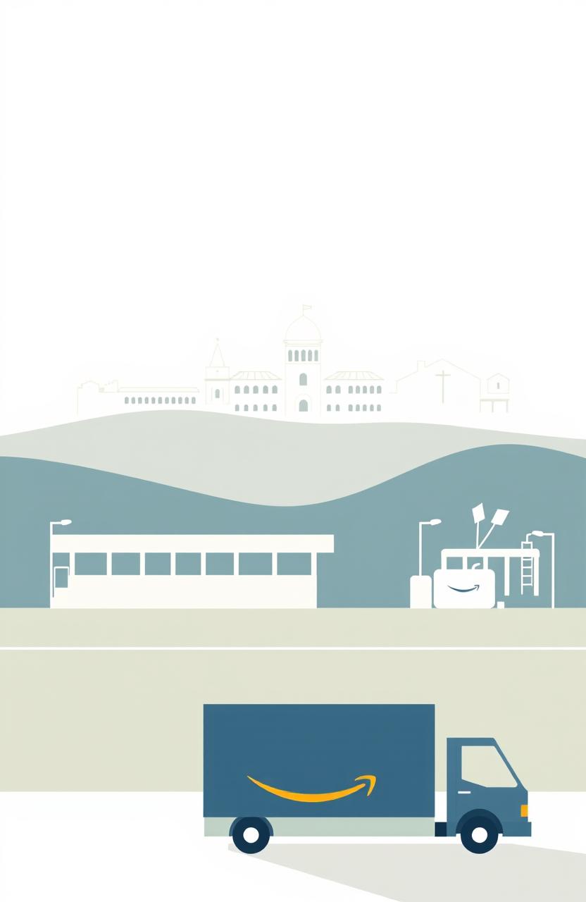 A minimalist illustration combining four concepts: logistics, Amazon, the city of Malaga, and minimalism