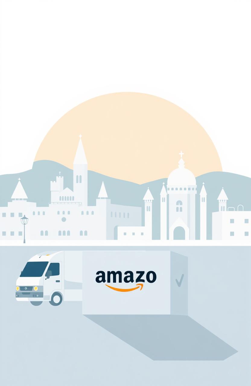 A minimalist illustration combining four concepts: logistics, Amazon, the city of Malaga, and minimalism