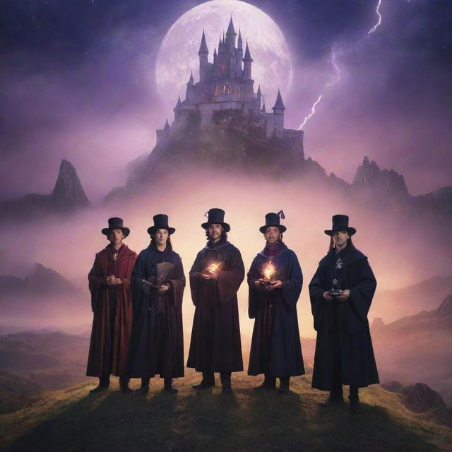 An enchanting book cover for a fantasy novel titled 'Five Mages'. The image features five different magicians, each emanating with their unique magical powers, over a backdrop of a mystical, twilight-hued land.