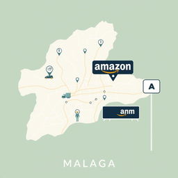 Another minimalist illustration that intertwines the four concepts of logistics, Amazon, the city of Malaga, and minimalism