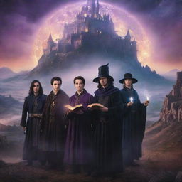 An enchanting book cover for a fantasy novel titled 'Five Mages'. The image features five different magicians, each emanating with their unique magical powers, over a backdrop of a mystical, twilight-hued land.