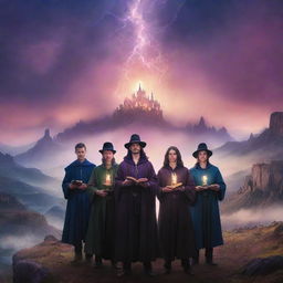 An enchanting book cover for a fantasy novel titled 'Five Mages'. The image features five different magicians, each emanating with their unique magical powers, over a backdrop of a mystical, twilight-hued land.