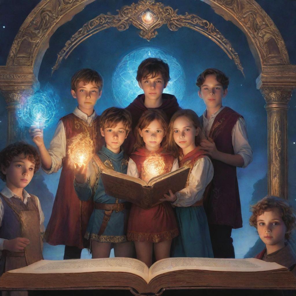 A book cover featuring four boys and three girls, standing together in fantastical attire, their eyes bright with curiosity and determination. A mysterious, glowing magic tome in the center captures their attention.