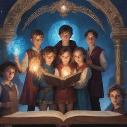 A book cover featuring four boys and three girls, standing together in fantastical attire, their eyes bright with curiosity and determination. A mysterious, glowing magic tome in the center captures their attention.