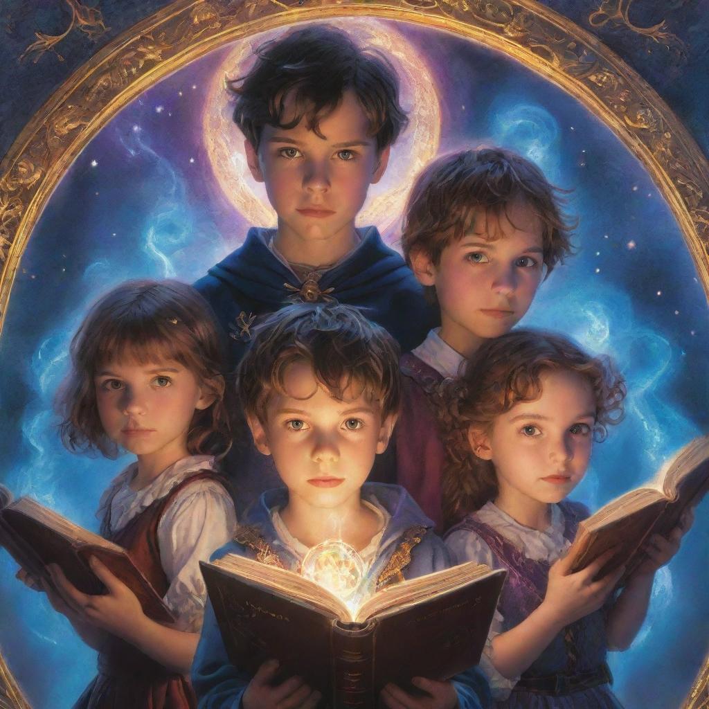 A book cover featuring four boys and three girls, standing together in fantastical attire, their eyes bright with curiosity and determination. A mysterious, glowing magic tome in the center captures their attention.