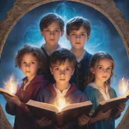 A book cover featuring four boys and three girls, standing together in fantastical attire, their eyes bright with curiosity and determination. A mysterious, glowing magic tome in the center captures their attention.