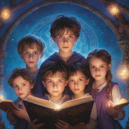 A book cover featuring four boys and three girls, standing together in fantastical attire, their eyes bright with curiosity and determination. A mysterious, glowing magic tome in the center captures their attention.