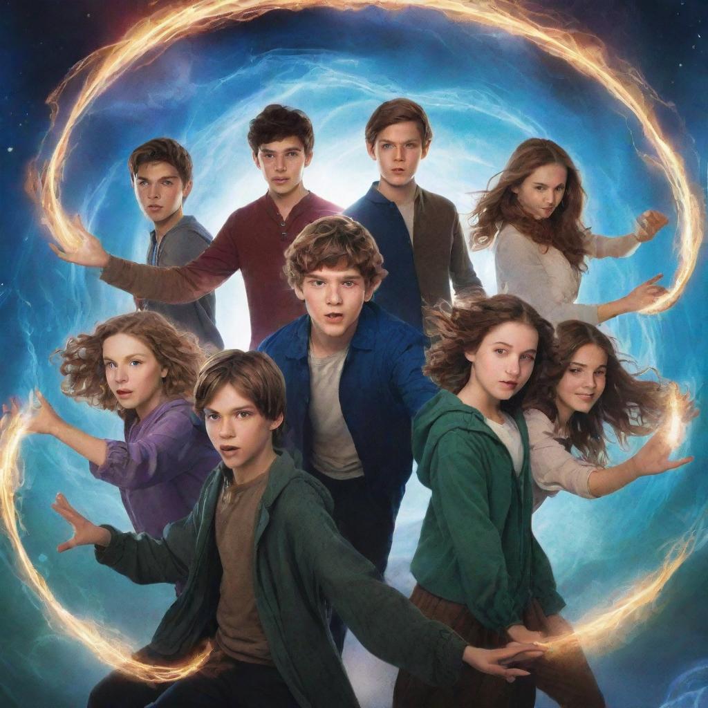 A fantasy book cover featuring seven teenagers, four boys and three girls, in dynamic poses, with elements of magic swirling around them.