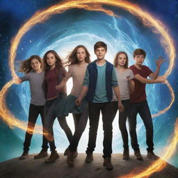 A fantasy book cover featuring seven teenagers, four boys and three girls, in dynamic poses, with elements of magic swirling around them.