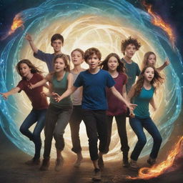 A fantasy book cover featuring seven teenagers, four boys and three girls, in dynamic poses, with elements of magic swirling around them.