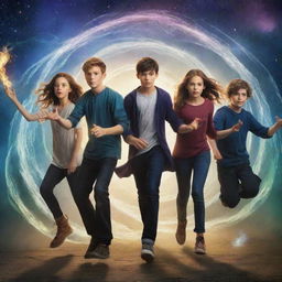 A fantasy book cover featuring seven teenagers, four boys and three girls, in dynamic poses, with elements of magic swirling around them.