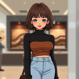 An illustration of a woman with short, brown-haired bangs styled in a Chanel fashion, featuring slightly tanned skin, blue eyes, a rounded small nose, and fuller rosy lips