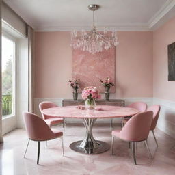 A dining room featuring a shining stainless steel table with an exquisite pink marble top.