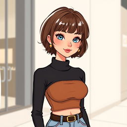 An illustration of a woman in a Chanel-inspired style with short brown hair featuring bangs, slightly tanned skin, blue eyes, a rounded small nose, and fuller rosy lips