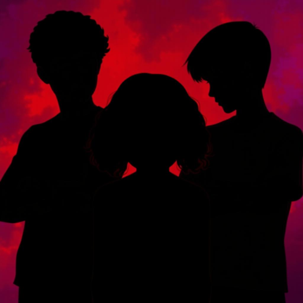 The silhouette of a girl in the center with her head down, having curly brown hair, positioned between two boys who are gazing at her intently with their arms crossed