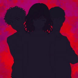 The silhouette of a girl in the center with her head down, having curly brown hair, positioned between two boys who are gazing at her intently with their arms crossed