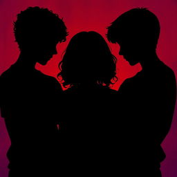 The silhouette of a girl in the center with her head down, having curly brown hair, positioned between two boys who are gazing at her intently with their arms crossed