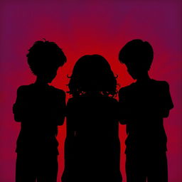 The silhouette of a girl in the center with her head down, having curly brown hair, positioned between two boys who are gazing at her intently with their arms crossed