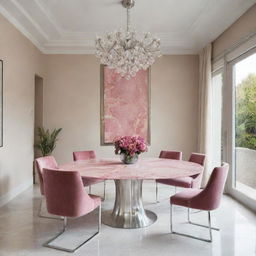 A dining room featuring a shining stainless steel table with an exquisite pink marble top.