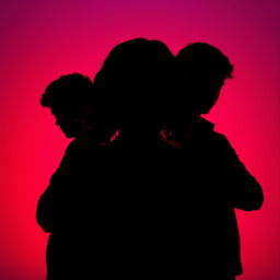 The silhouette of a girl at the center with her head down, featuring brown curly hair, flanked by two boys staring intensely