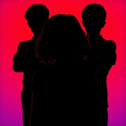 The silhouette of a girl at the center with her head down, featuring brown curly hair, flanked by two boys staring intensely