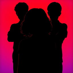 The silhouette of a girl at the center with her head down, featuring brown curly hair, flanked by two boys staring intensely