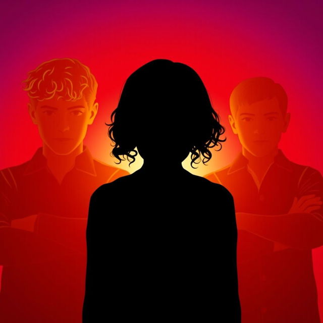 The silhouette of a girl at the center with her head down, featuring brown curly hair, flanked by two boys staring intensely