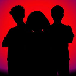 The full-body silhouette of a girl in the center with her head down, featuring brown curly hair, positioned between two boys who are staring intensely