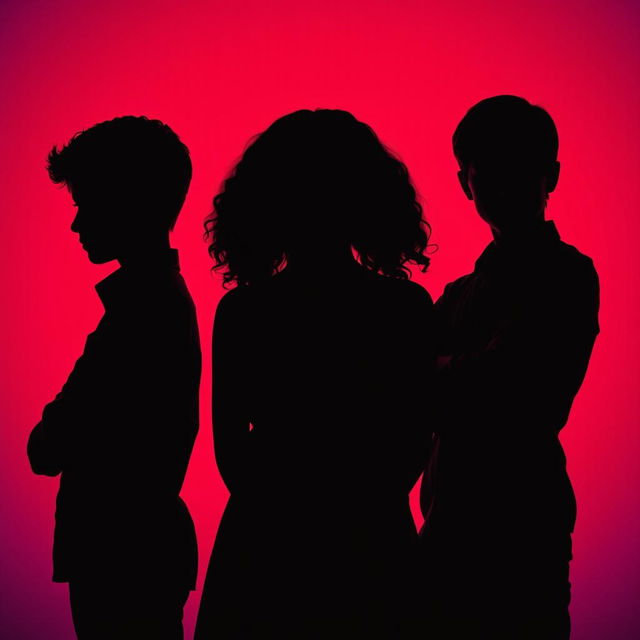 The full-body silhouette of a girl in the center with her head down, featuring brown curly hair, positioned between two boys who are staring intensely