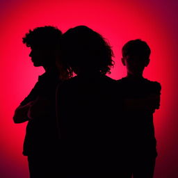 The full-body silhouette of a girl in the center with her head down, featuring brown curly hair, positioned between two boys who are staring intensely