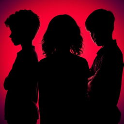 The full-body silhouette of a girl in the center with her head down, featuring brown curly hair, positioned between two boys who are staring intensely