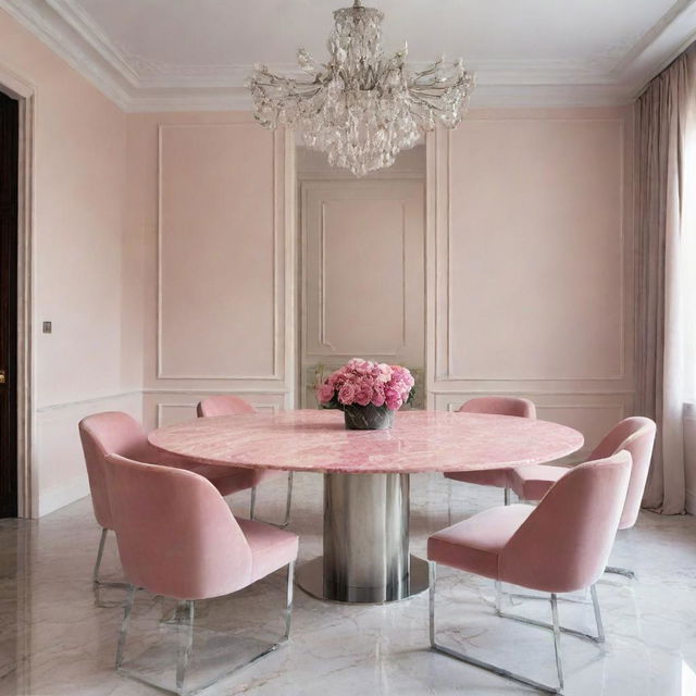 A dining room featuring a shining stainless steel table with an exquisite pink marble top.