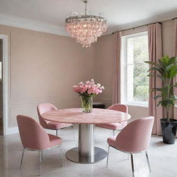 A dining room featuring a shining stainless steel table with an exquisite pink marble top.