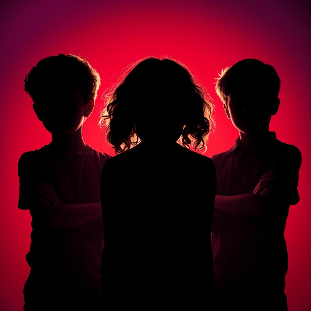 The silhouette of a girl in the center with her head bowed, featuring brown curly hair, positioned between two boys who are staring intently