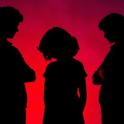 The silhouette of a girl in the center with her head bowed, featuring brown curly hair, positioned between two boys who are staring intently