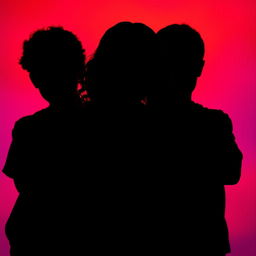 The silhouette of a girl in the center with her head bowed, featuring brown curly hair, positioned between two boys who are staring intently