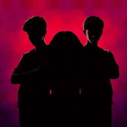 The silhouette of a girl in the center with her head bowed, featuring brown curly hair, positioned between two boys who are staring intently