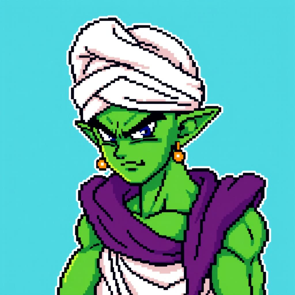 An 8-bit pixel art representation of Piccolo from Dragon Ball Z, showcasing his iconic green skin, pointed ears, and the traditional Namekian outfit