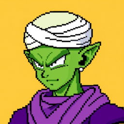 An 8-bit pixel art representation of Piccolo from Dragon Ball Z, showcasing his iconic green skin, pointed ears, and the traditional Namekian outfit