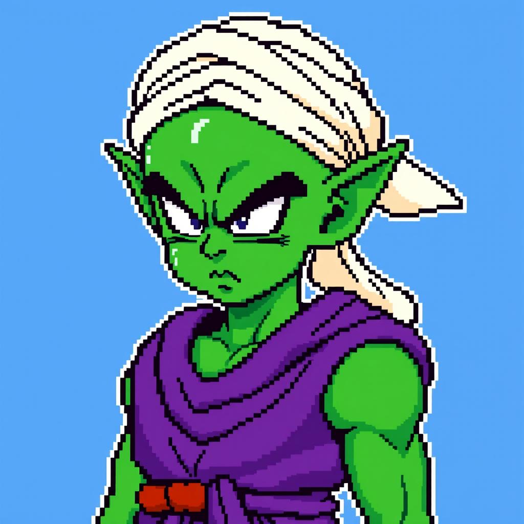 An 8-bit pixel art representation of Piccolo from Dragon Ball Z, showcasing his iconic green skin, pointed ears, and the traditional Namekian outfit