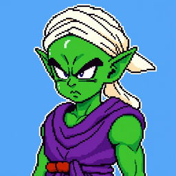 An 8-bit pixel art representation of Piccolo from Dragon Ball Z, showcasing his iconic green skin, pointed ears, and the traditional Namekian outfit