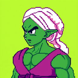 An 8-bit pixel art representation of Piccolo from Dragon Ball Z, showcasing his iconic green skin, pointed ears, and the traditional Namekian outfit