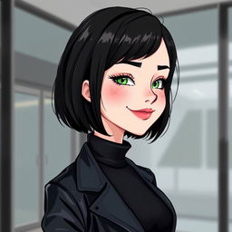 An illustration of a woman with a short bob hairstyle in black, featuring fair white skin, green eyes adorned with long eyelashes, a slightly upturned nose, and rosy lips