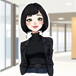 An illustration of a woman with a short bob hairstyle in black, featuring fair white skin, green eyes adorned with long eyelashes, a slightly upturned nose, and rosy lips